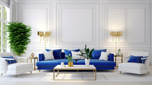 White Living Room Interior Royal Blue Lounge. Living Room Interior Royal Blue Couch. Generative Ai