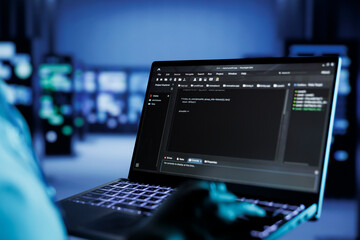 Poster - certified technician running code and programming on laptop, troubleshooting and upgrading high tech