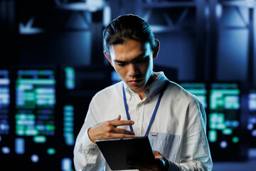 Poster - tech support worker between server hub clusters providing processing resources for businesses worldw