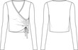 Women's Ruched Front Detail Rib Top- Jersey top technical fashion illustration. Front and back, white color. Women's CAD mock-up.