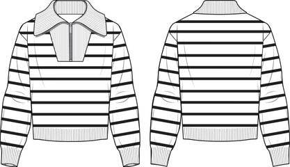Wall Mural - Women's Half Zip Striped Jumper. Technical fashion illustration. Front and back, white color. Women's CAD mock-up.