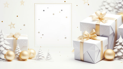 Wall Mural - Festive Christmas background in beige color with Christmas gift decorated with gold ribbon bow, white Christmas trees and gold Christmas balls and snowflakes with a gold graphic frame for text.