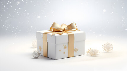 Wall Mural - Happy New Year and Merry Christmas background with 3d white gift box with golden bows and gold christmas ornamen, confetti on white background with snowflakes, copy space