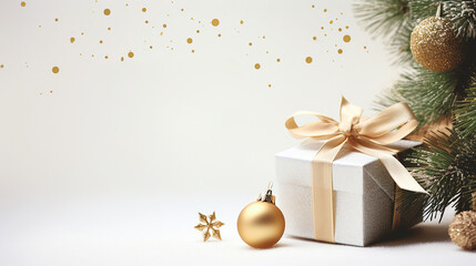 Wall Mural - Festive Christmas banner background with elegant shiny Christmas gift decorated with gold ribbon bow, Christmas fir branches and golden Christmas balls. with space for text