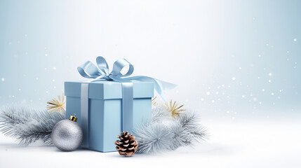 Wall Mural - 3d elegant Christmas gift box in pastel blue color, complemented with silver decorations and snowy fir branches. On a snowy blue background with holiday sparkles and copy space for text on the side.