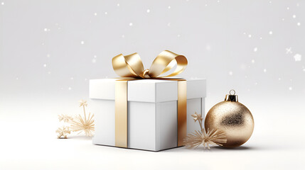 Wall Mural -  Merry Christmas and new year background with elegant 3d white gift box with golden bows and gold christmas ornamen on white festiv background with snowflakes, copy space.