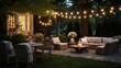 An outdoor evening party with glowing fairy lights and cozy seating.