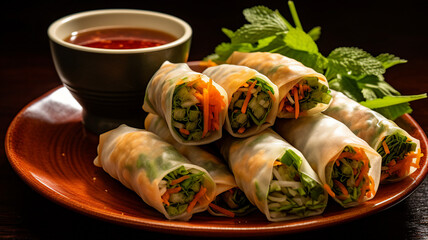 Wall Mural - Crunchy Vegetable Spring Rolls with Dipping Sauce