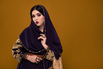 Photo of pretty lady arabian princess wear hijab for travel long desert for wealthy sultan over pastel background