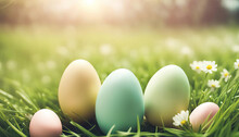Beautiful spring easter eggs outdoors with copy space
