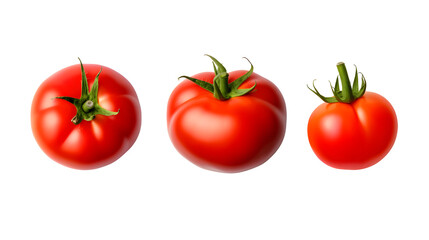 set of four tomato varieties isolated over a transparent background, natural organic vegetable design elements, top view / flat lay