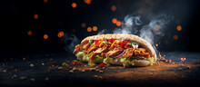 Fresh Grilled Beef Turkish Or Chicken Arabic Shawarma Doner Sandwich With Flying Ingredients And Spices Hot Ready To Serve And Eat Food Commercial Advertisement Menu Banner With Copy Space Area