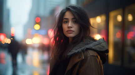 Portrait of an attractive young woman, New York, fog, city, Reflection, Illuminated signs, photorealistic + hyperrealistic