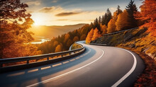 Curved Road On Autumn, Beautiful Curved Pass With Vehicles And Colorful Autumn Nature Colors On Trees With Sunset Light.