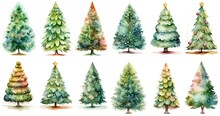 Watercolor Style Cartoon Illustration Of Boho Style Cute Christmas Tree, Isolated On White Background, Collection Set, Generative Ai