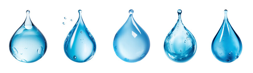 Blue water drops set. Realistic water or oil drops, isolated on transparent background. Generative AI