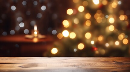 Wood table with blurry christmas decorations background with copy space