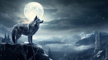 Lone Wolf Howling On A Snow-covered Hill Under A Full Moon, With A Haunting And Mystical Winter Landscape