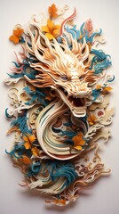 Poster - A paper sculpture of a dragon surrounded by flowers. Generative AI.