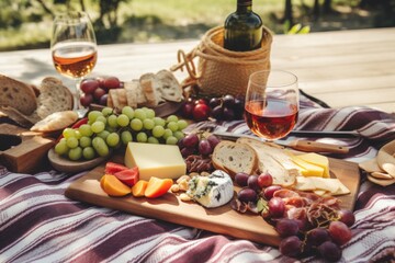 Sticker - A picnic blanket topped with a wooden cutting board covered in cheese and fruit. Generative AI.