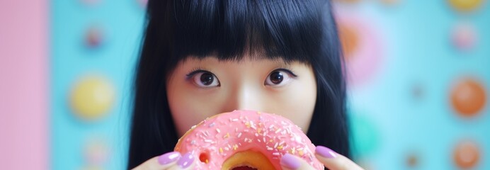 Sticker - A girl holding a pink donut with sprinkles. Generative AI.