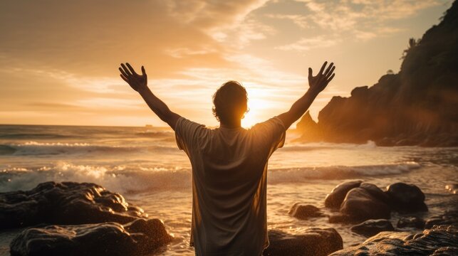 believer with hands raised in prayer by a serene lakeside, showcasing their spiritual connection generative ai