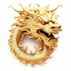 Imperial Majesty: Gold Chinese Dragon Face Isolated on White Background. Generative ai