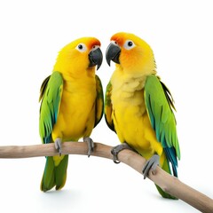 Colorful Companions: Couple of Parrots Isolated on White Background. Generative ai