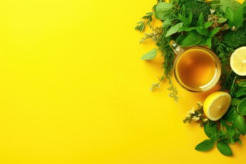 Sticker - Top view of herbal tea with thyme, lemon, and other herbs over a vibrant yellow green background. Empty space for copying.