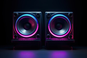 Neon-lit speakers with empty space.