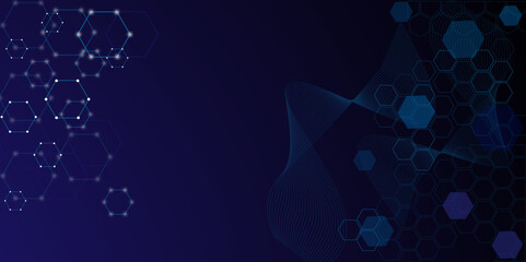 Abstract futuristic hexagons for network connection, wave background for science, computer and communication technology on dark blue background.