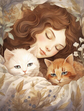 A Woman And Cats Sleeping Peaefully