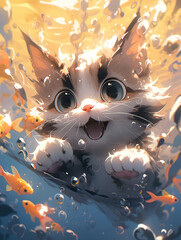 Wall Mural - Playful Kitten's Underwater Adventure with Bubbles and Fish