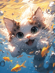 Wall Mural - Playful Kitten's Underwater Adventure with Bubbles and Fish