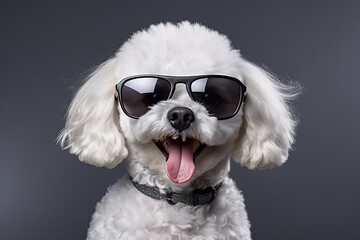 Wall Mural - White poodle dog breed wear sunglasses smile and happiness. Generative ai