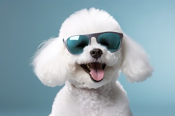 Wall Mural - White poodle dog breed wear sunglasses smile and happiness. Generative ai