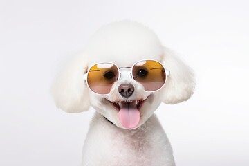 Wall Mural - White poodle dog breed wear sunglasses smile and happiness. Generative ai