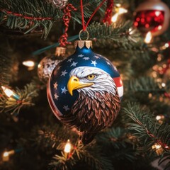 Wall Mural - Christmas tree decoration Ball on a Christmas tree with an American-themed pattern on the background of a green Christmas tree. Holiday, Christmas, New Year, toys.