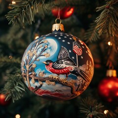 Wall Mural - Christmas tree decoration Ball on a Christmas tree with an American-themed pattern on the background of a green Christmas tree. Holiday, Christmas, New Year, toys.