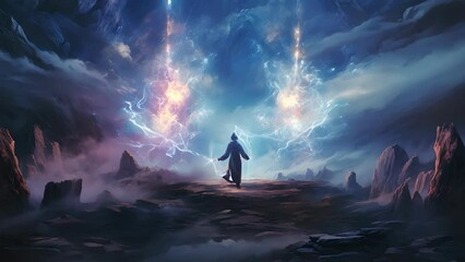 Wall Mural - two wizzards stand opposite each other in a realm of dreamwalking. glowing symbols float in the air 
