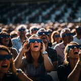 Fototapeta  - young people sitting in the park wearing special glasses watching the solar eclipse