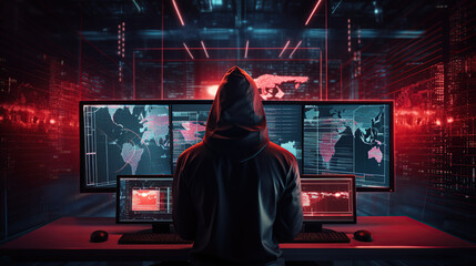 Shadowed Hacker's Lair: Hooded Hacker in Modern Technological Monitoring Control Room with Digital Screens Background