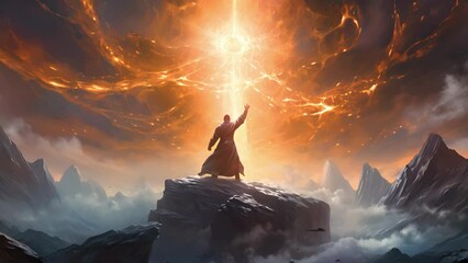 Wall Mural - a mage stands on a mountaintop fists clenched as sparks of fire ice wind and earth arc out from thei