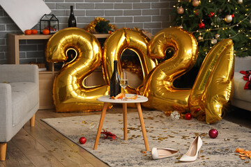 Poster - Interior of messy living room after New Year party with figure 2024