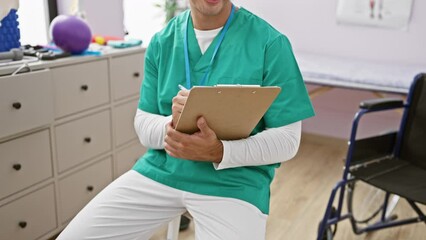 Canvas Print - Handsome young hispanic man, a smiling physiotherapist, diligently taking rehabilitation notes at a bustling rehab clinic