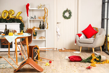 Poster - Interior of messy living room after New Year party