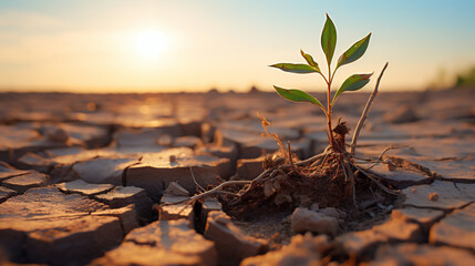 Plant on cracked soil, global warming and climate change concept.