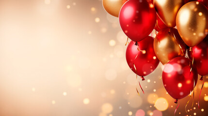 celebration party banner background with red, gold balloons, carnival, festival or birthday balloon 