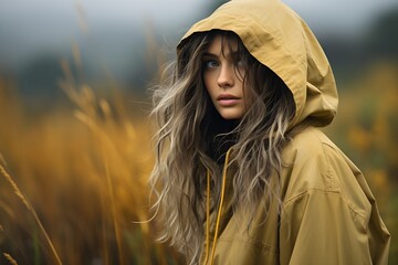 Close up Face of Female in Yellow Sweater Amidst High Grass in Autumn. Adventures in Dramatic Mood.