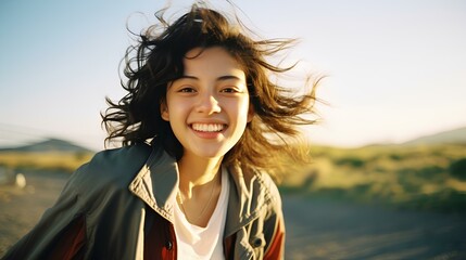 Wall Mural - a teenage girl with a lovely smile standing in a sun-infused field. generative AI